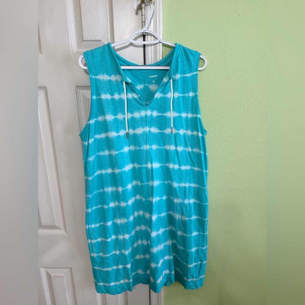 Sonoma Turquoise and White Tie-Dye  Sleeveless Dress with Pockets